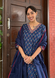 Navy Blue Block Print Kurta with Contrasting Pants & Dupatta
